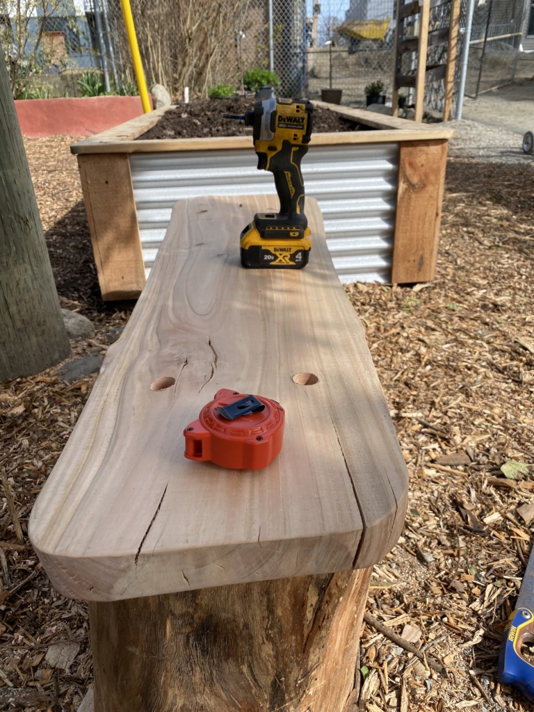 DeWalt impact driver and tape measure on a wooden bench near a raised garden bed