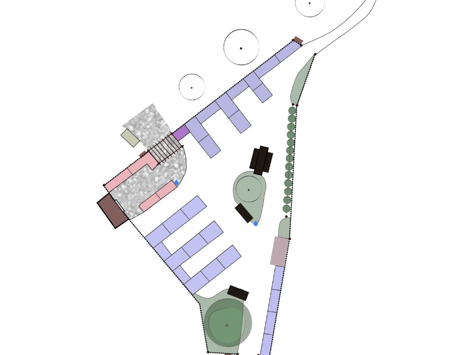 Architectural plan showing a park layout with benches, trees, and a central fountain